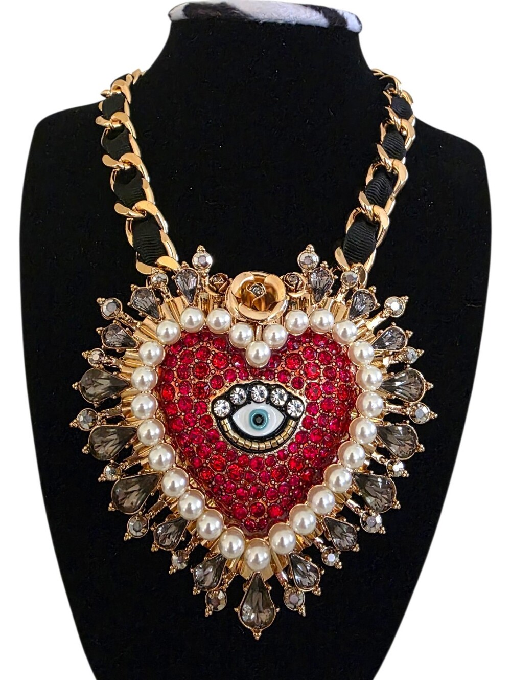 NEW Betsey Johnson Rockin Riches Heart Statement Gold Necklace Crystal Evil Eye - Picture 5 of 9